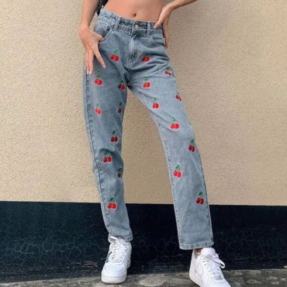Cider Cherry Embroidered Jeans | High Rise Straight Leg | Rigid Denim | Size S - Picture 1 of 8